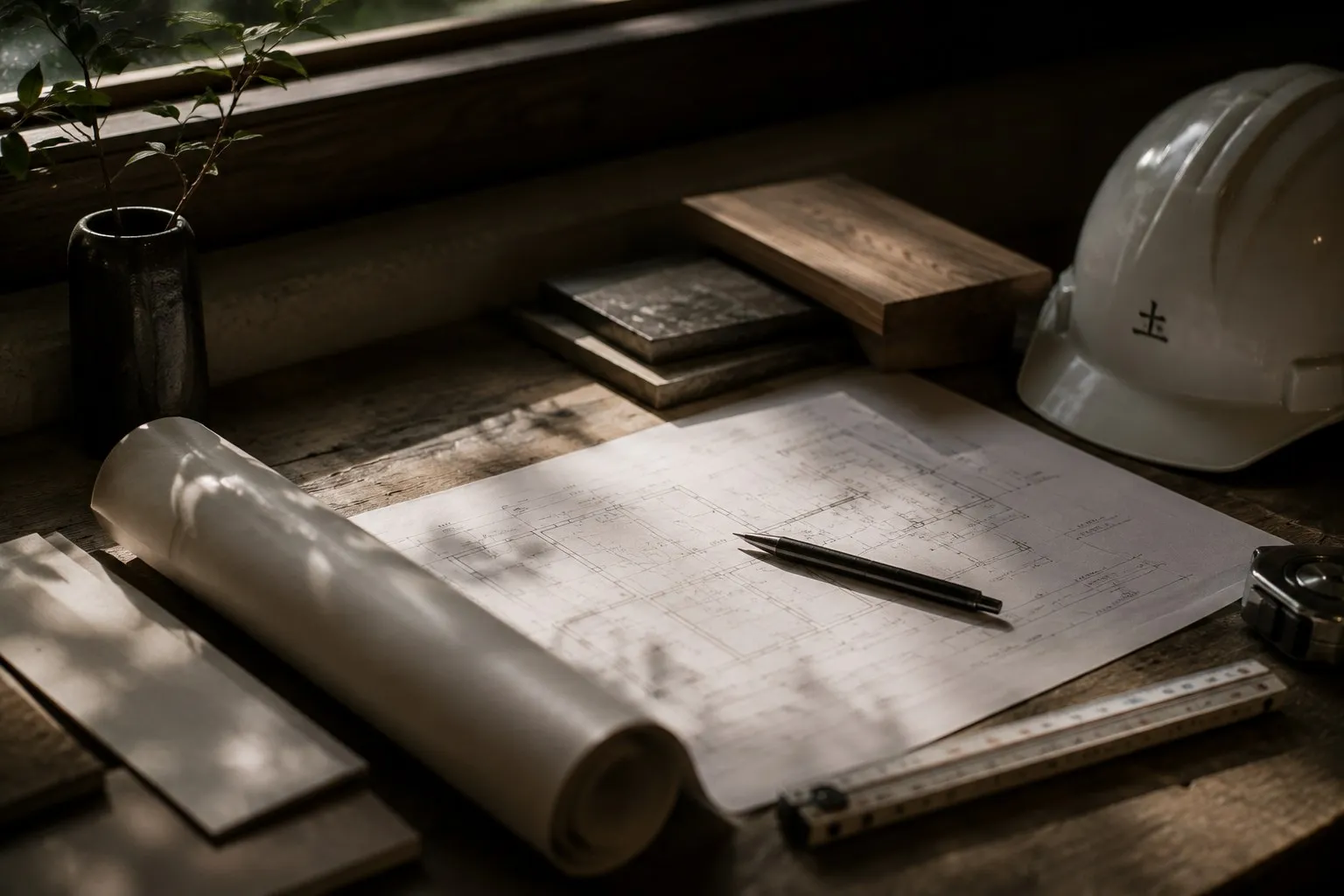 Plans, material samples and a hard hat on a work surface.