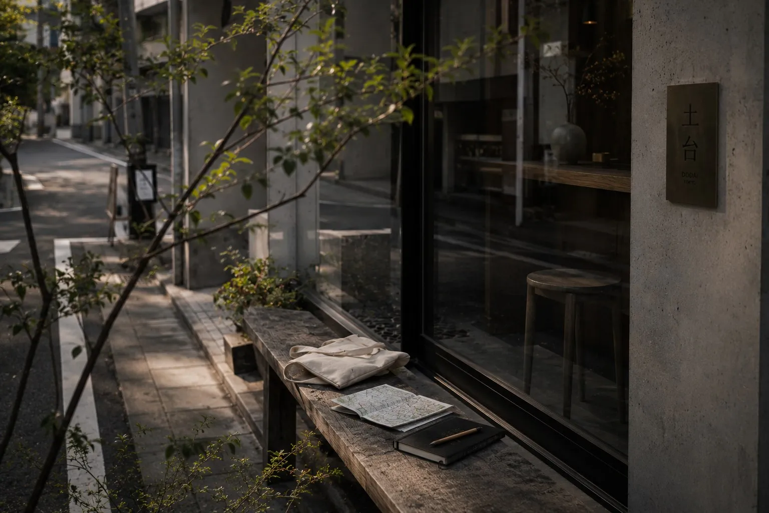 Devanture d'un local sur une rue calme de Tokyo, banc en bois et plan posé dessus.