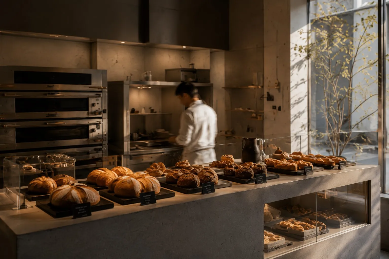 Étal de pains devant le fournil, boulanger au travail.