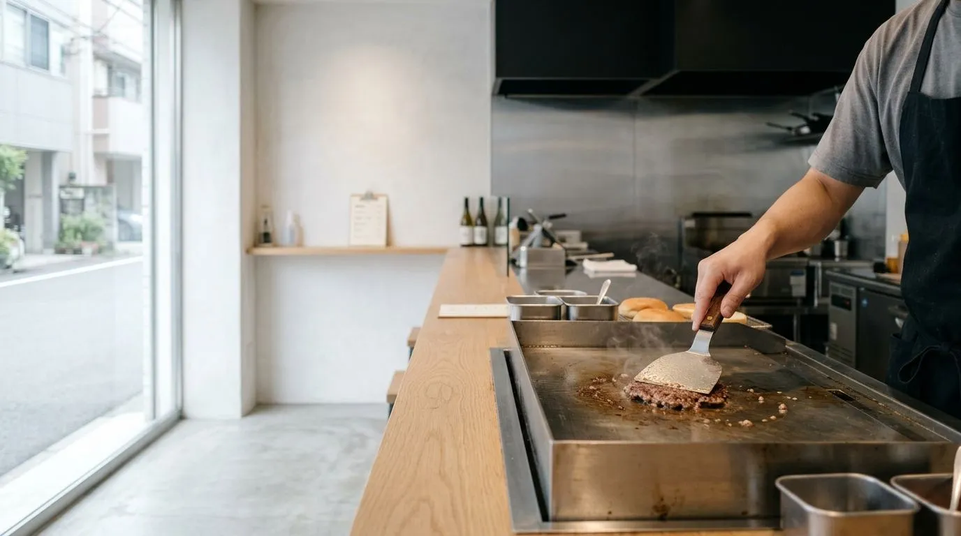 A cook's hand smashing a patty with a spatula on the griddle of a Tokyo burger counter, buns lined up beside it.