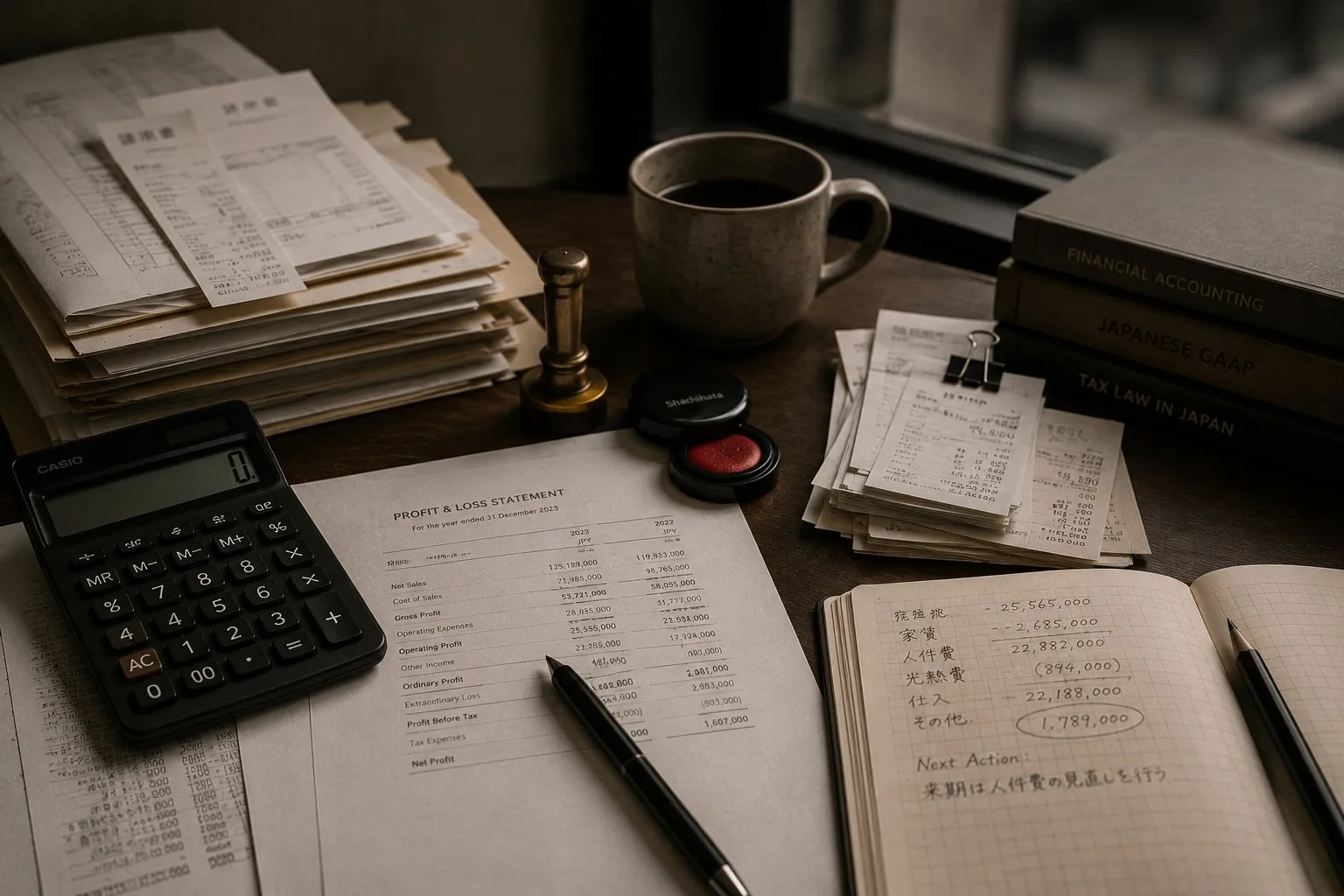 Calculatrice, registre comptable et carnet de notes sur un bureau : suivi du coût matière.