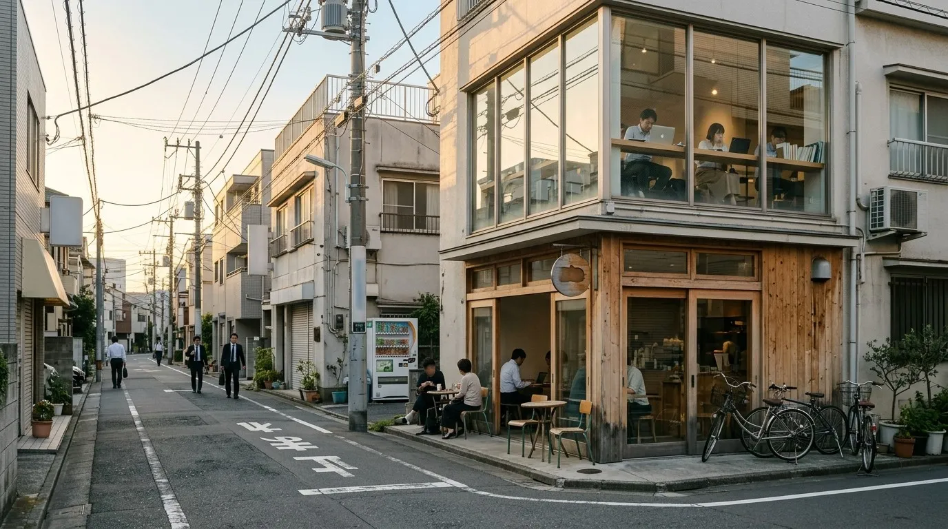 Café d'angle à façade de bois et de verre dans une rue de quartier de Tokyo au soleil couchant : clients à l'étage derrière la vitre, petites tables dehors, vélos et poteaux électriques.