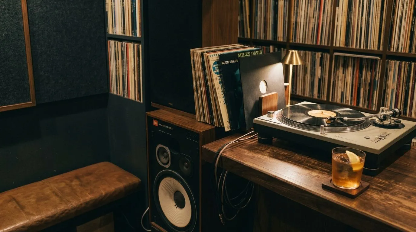 A turntable, a JBL speaker and a cocktail on a wooden counter, walls lined with records: the inside of a Tokyo music bar.