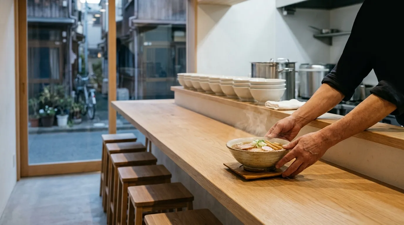 Comptoir en bois clair d'un petit restaurant de Tokyo avant l'ouverture : un cuisinier pose un bol de ramen fumant, tabourets vides, ruelle derrière la vitre.