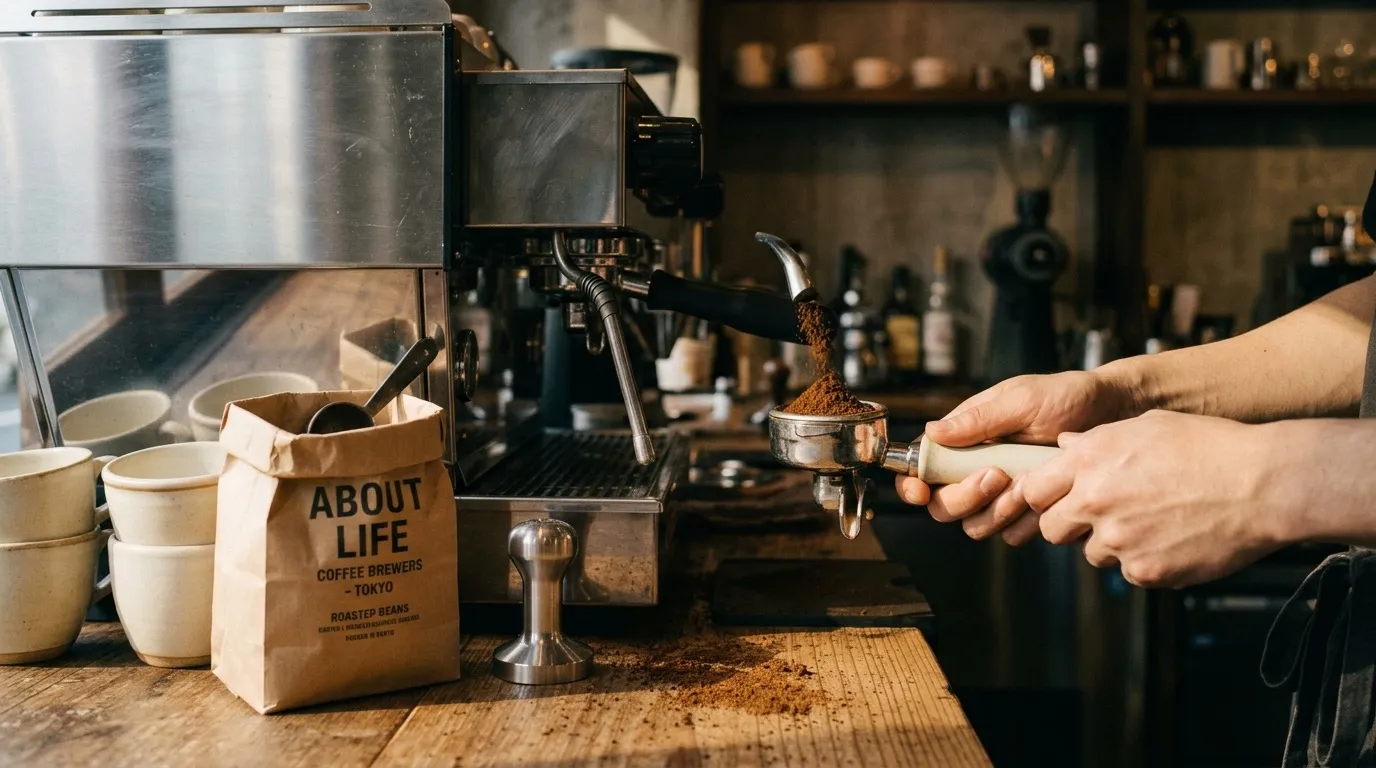 Petit café tokyoïte, comptoir et machine à espresso : le format compact par lequel commencent la plupart des projets.