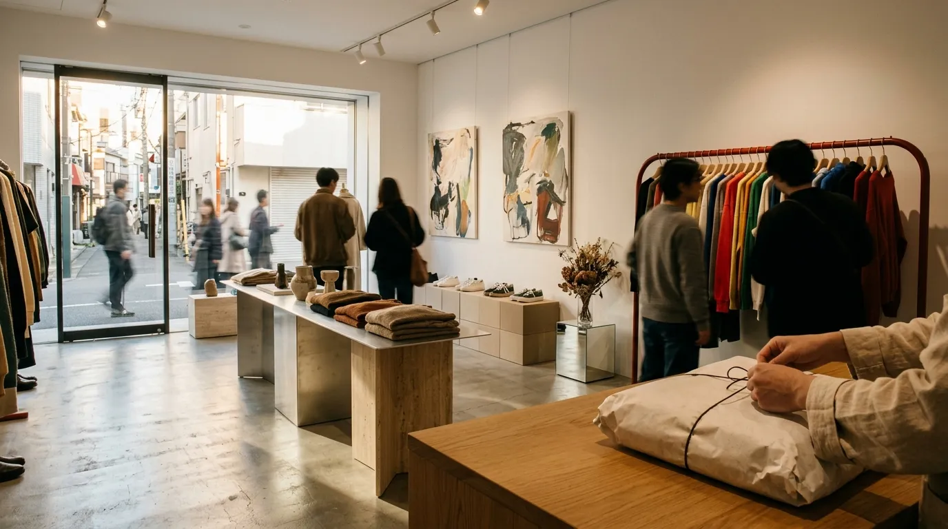 Pop-up d'une marque indépendante à Tokyo le jour de l'ouverture : portant rouge, table en travertin, visiteurs de dos et achat emballé au comptoir.