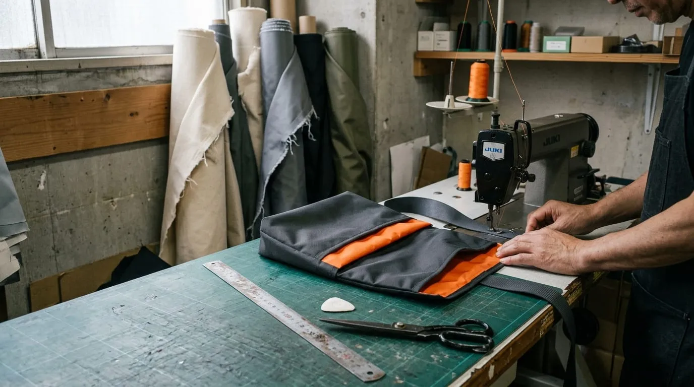 Artisan cousant un sac en nylon gris doublé d'orange sur une machine à coudre industrielle, rouleaux de toile appuyés contre le mur de l'atelier.