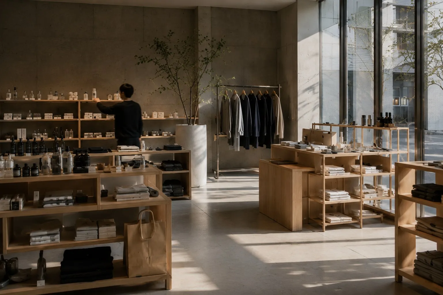 Une personne au travail dans une boutique lumineuse, Tokyo.