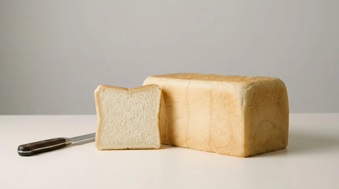 Un pain de mie japonais entier, non tranché, posé sur un plan clair à côté d'un couteau et d'une tranche épaisse.