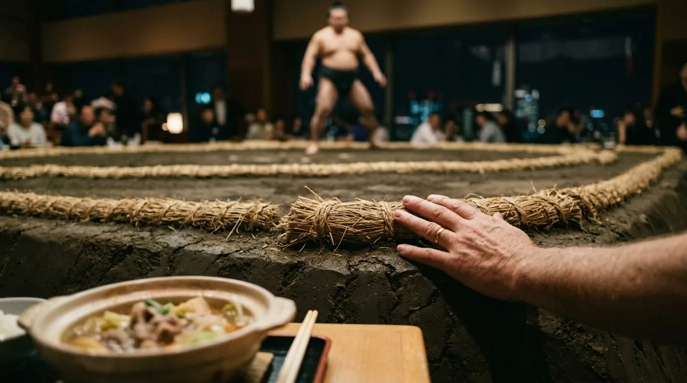 Main posée sur la corde de paille d'un dohyo, lutteur en fond, chanko nabe et baguettes au premier plan.