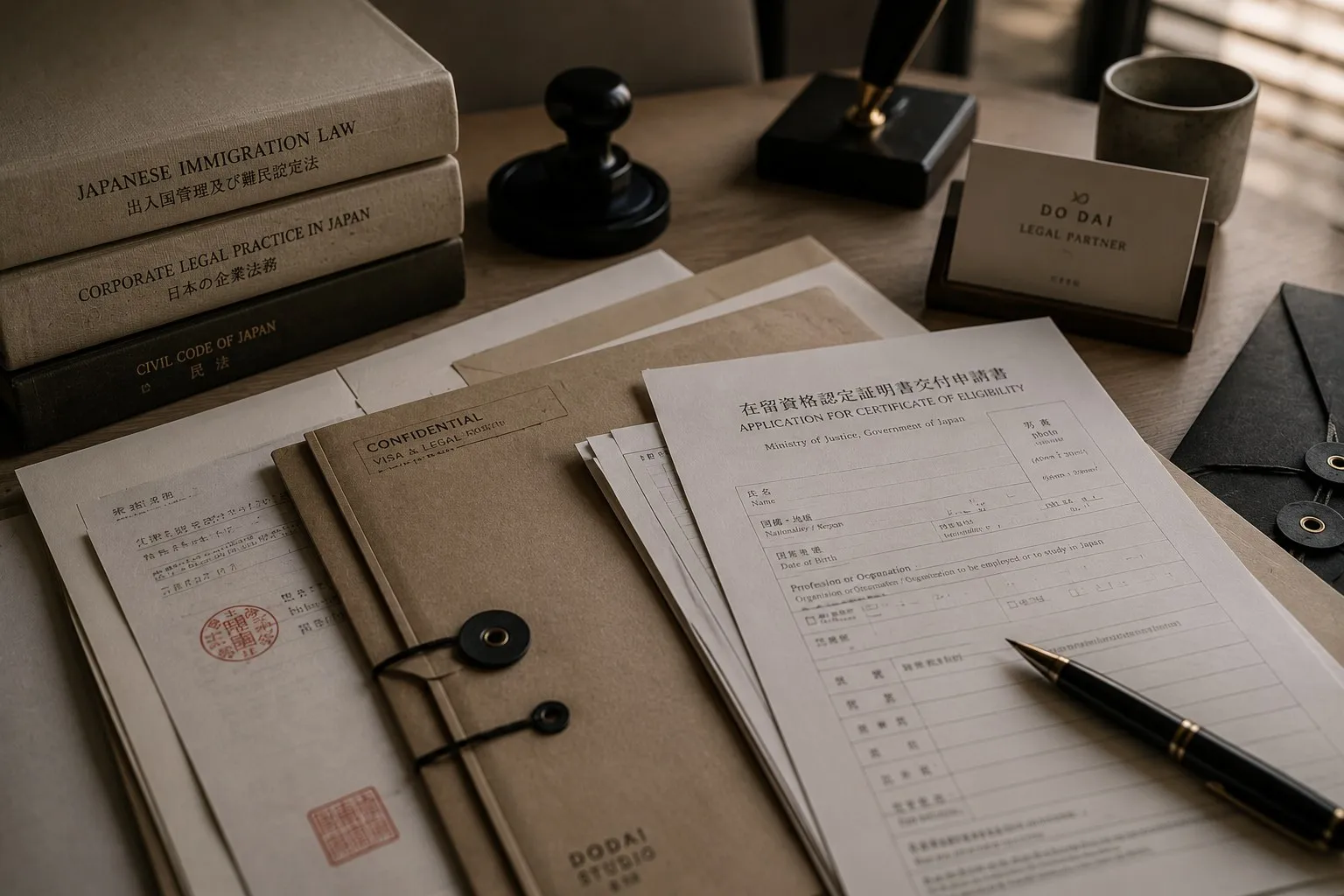 Bureau de travail : dossier administratif, tampon, documents et échantillons.